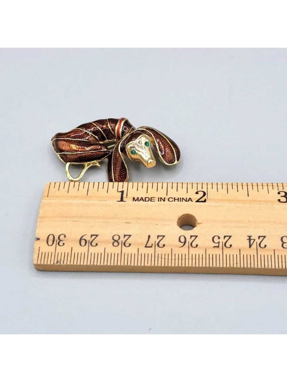Gold Tone Enamel Coated Dachshund Dog Puppy Brooch Green Rhinestone Eyes